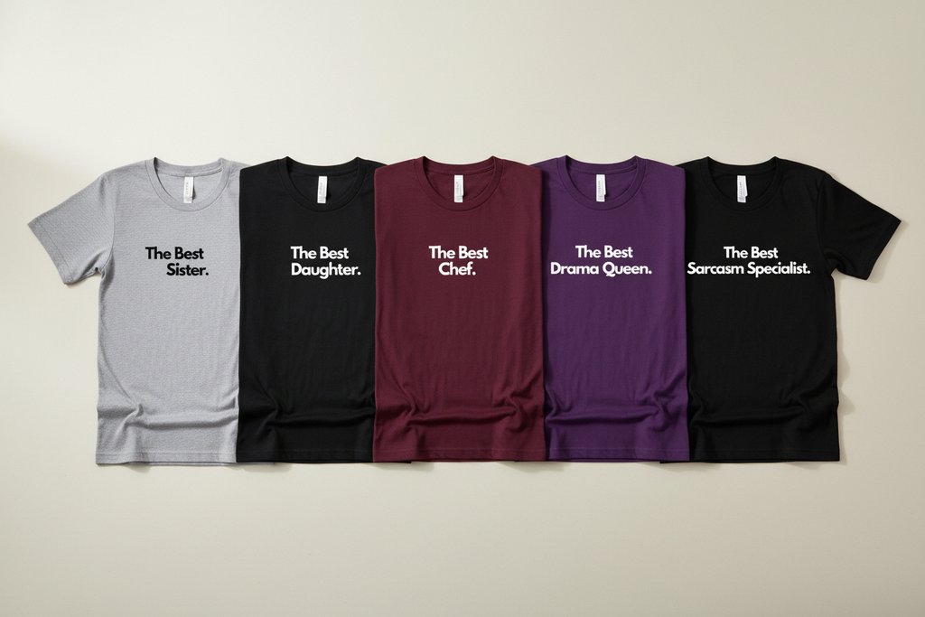 Custom text T-shirt set with prints in gray, black, maroon, purple, and black.
