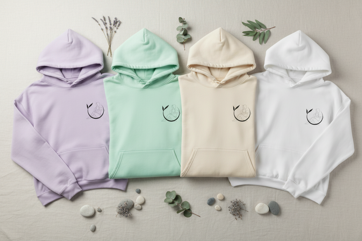 Pastel unisex yoga hoodies in lavender, mint, cream, and white with chest logo