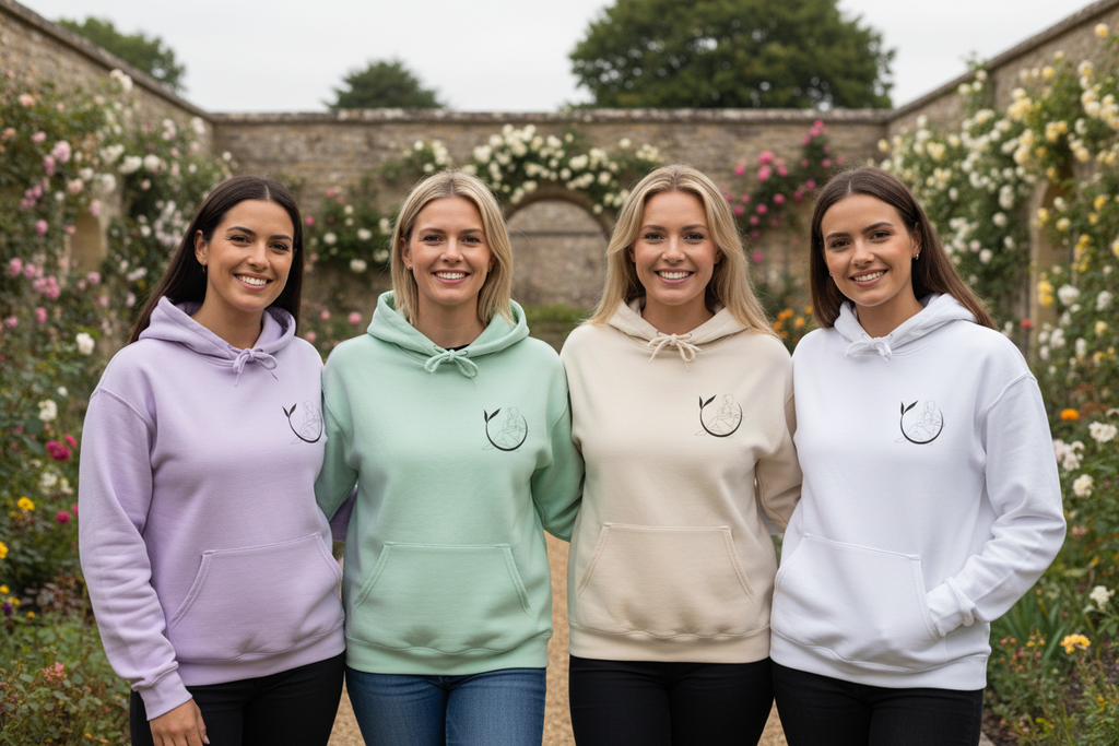 People wearing unisex yoga hoodies in lavender, mint, cream, and white with chest emblem