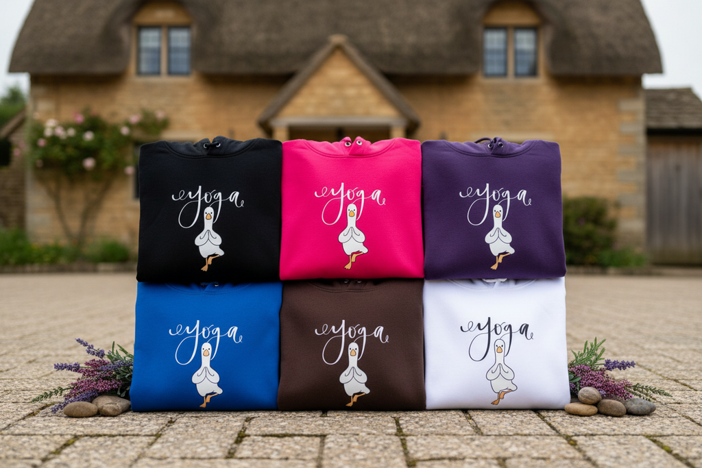 Yoga duck pose hoodie color assortment with duck logo on each hoodie