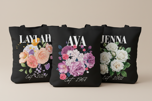 Personalised Floral Tote Bag | Custom Name, Text & Date | Choose Rose Colours | Eco Gift
