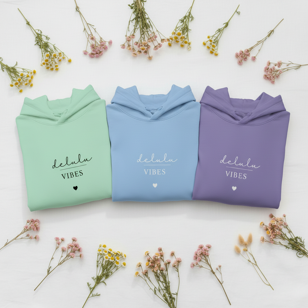Three hoodies in mint green, blue, and purple with drawstring hoods and “delulu vibes”
