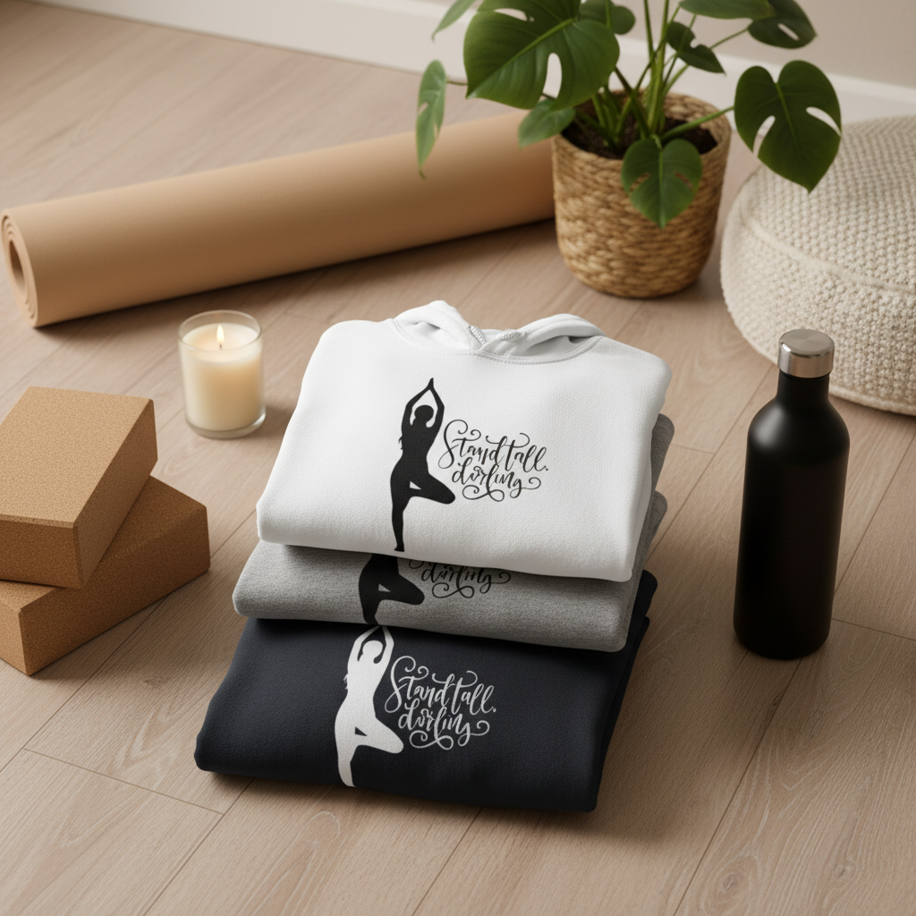 Stack of white and dark navy hoodies with yoga silhouette logo on the chest.
