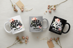 Three mugs: white, gray, and black with floral 'Keep calm' design; Natalie name.
