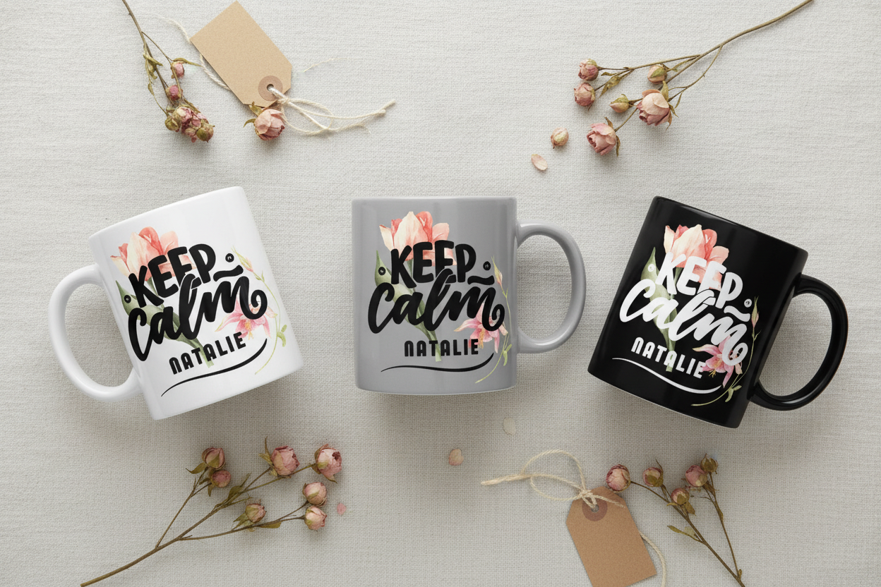 Three mugs: white, gray, and black with floral 'Keep calm' design; Natalie name.