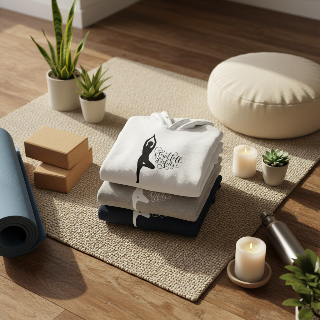 Stack of white and gray hoodies with hood and yoga silhouette logo.