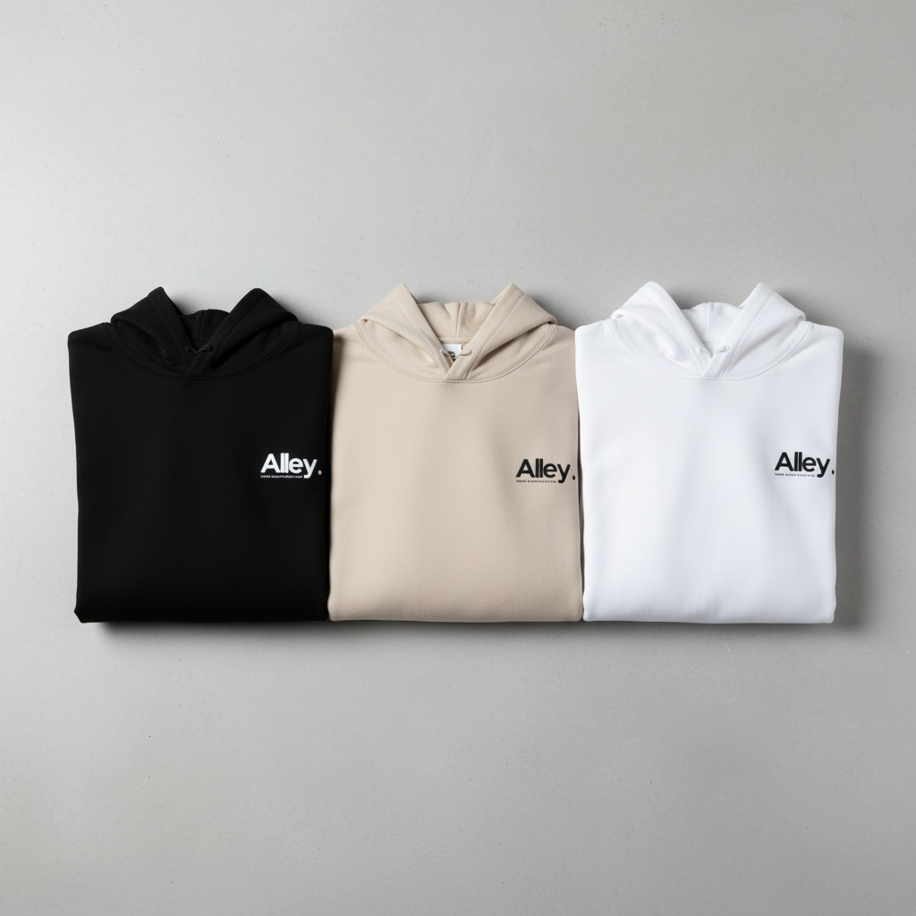 Alley. Black Beige White Hoodies Display Pic