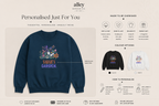 Personalized garden sweatshirt in teal with floral graphic and “SARAH’S GARDEN” text.