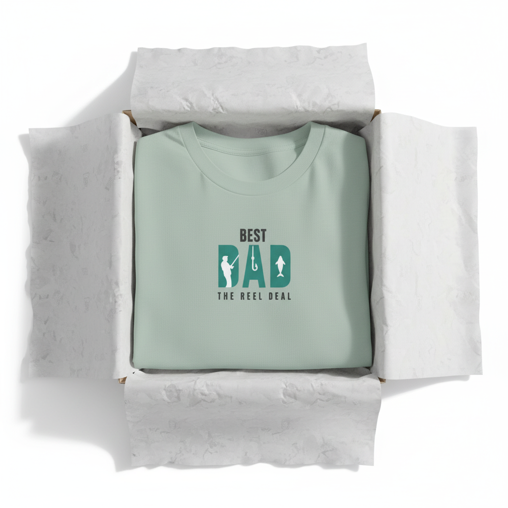 Mint teal T-shirt in a box with “Best Dad” retro graphic print on the chest