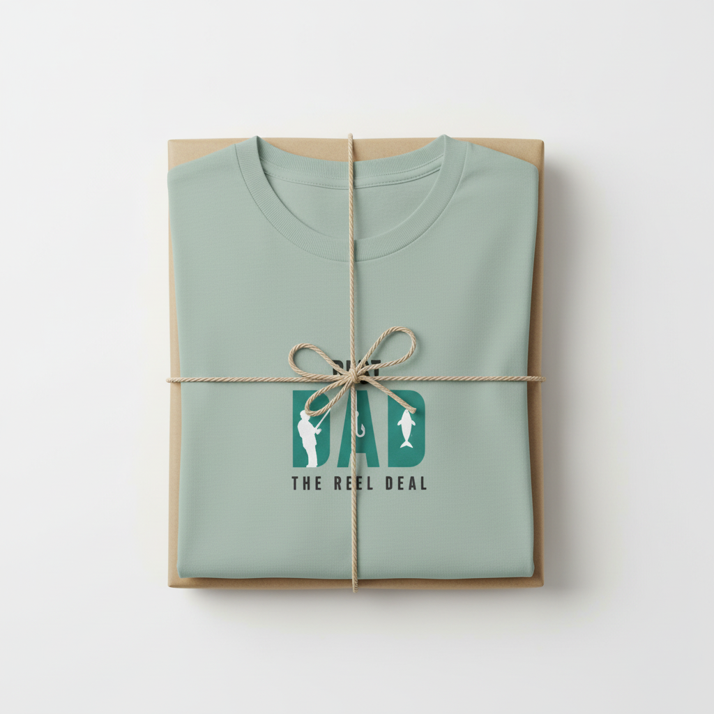 Mint teal T-shirt wrapped in a gift box with “Best Dad” retro graphic print