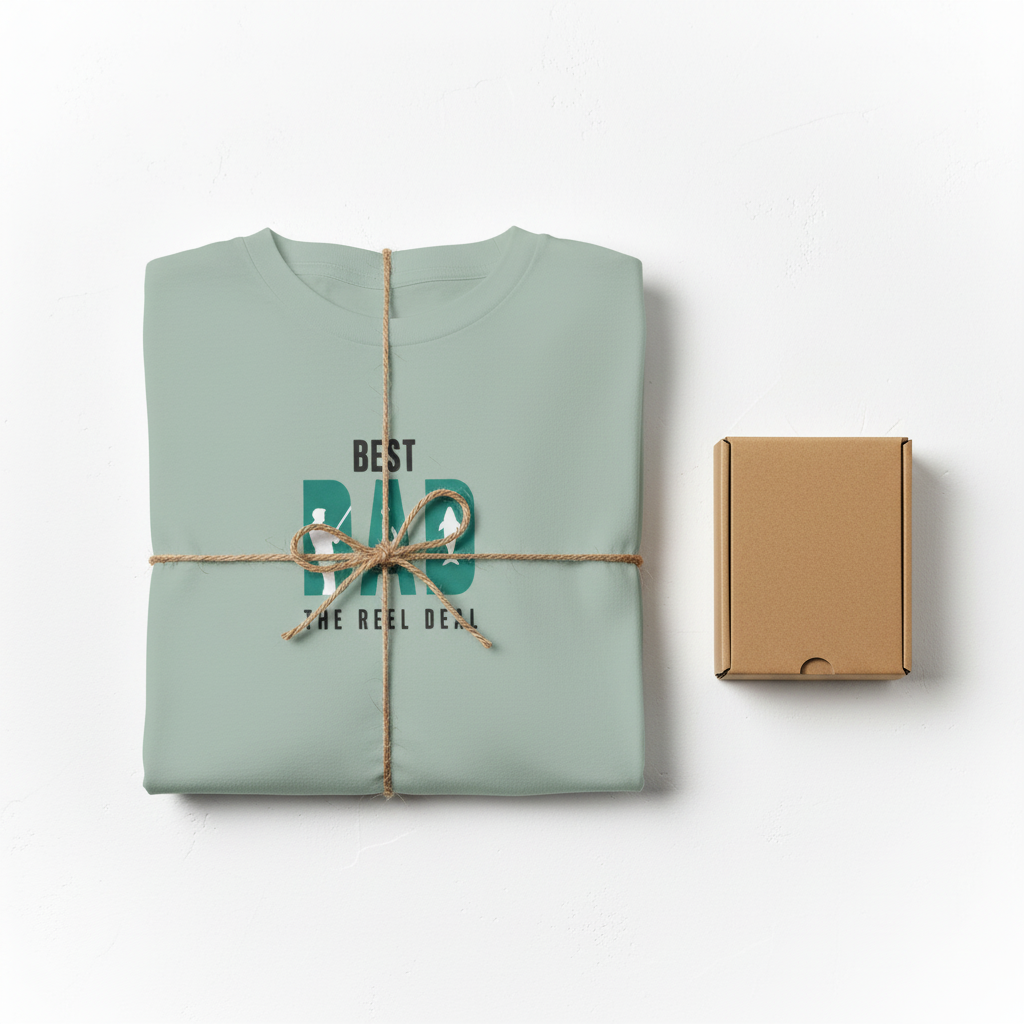 Mint teal T-shirt folded with “Best Dad” retro graphic print on chest