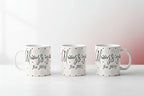 Set of three white mugs with red hearts and 'Est. 2016', 'Est. 2021', 'Est. 2014'