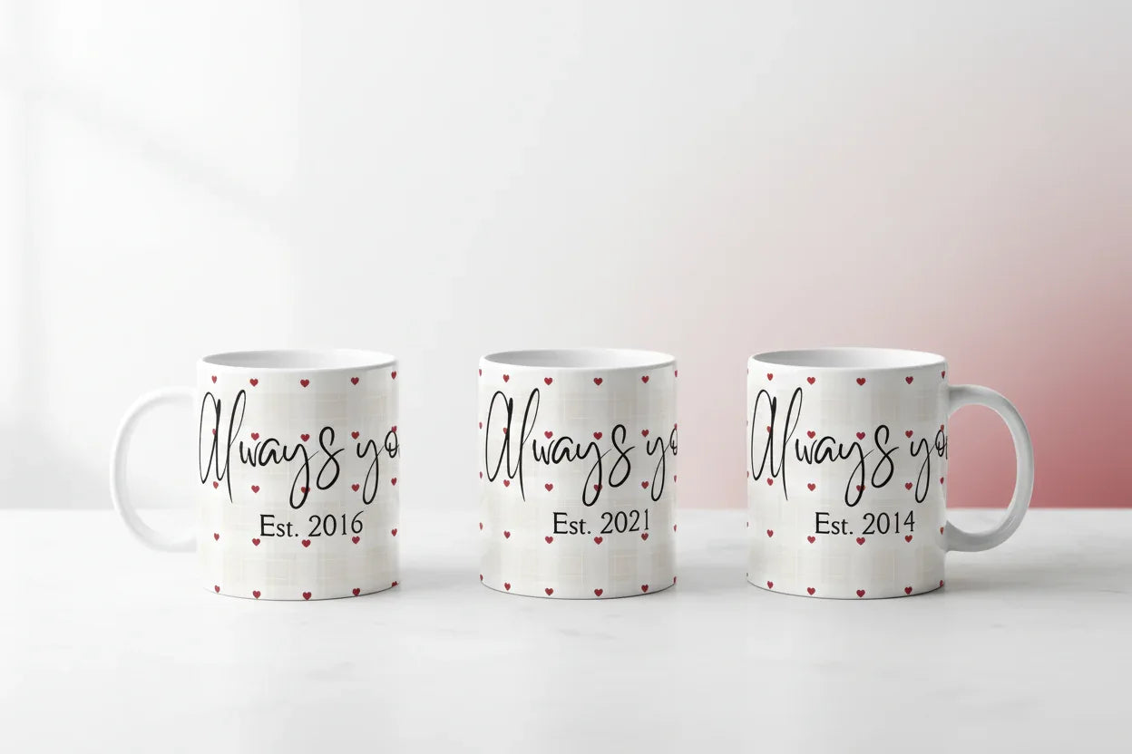 Set of three white mugs with red hearts and 'Est. 2016', 'Est. 2021', 'Est. 2014'