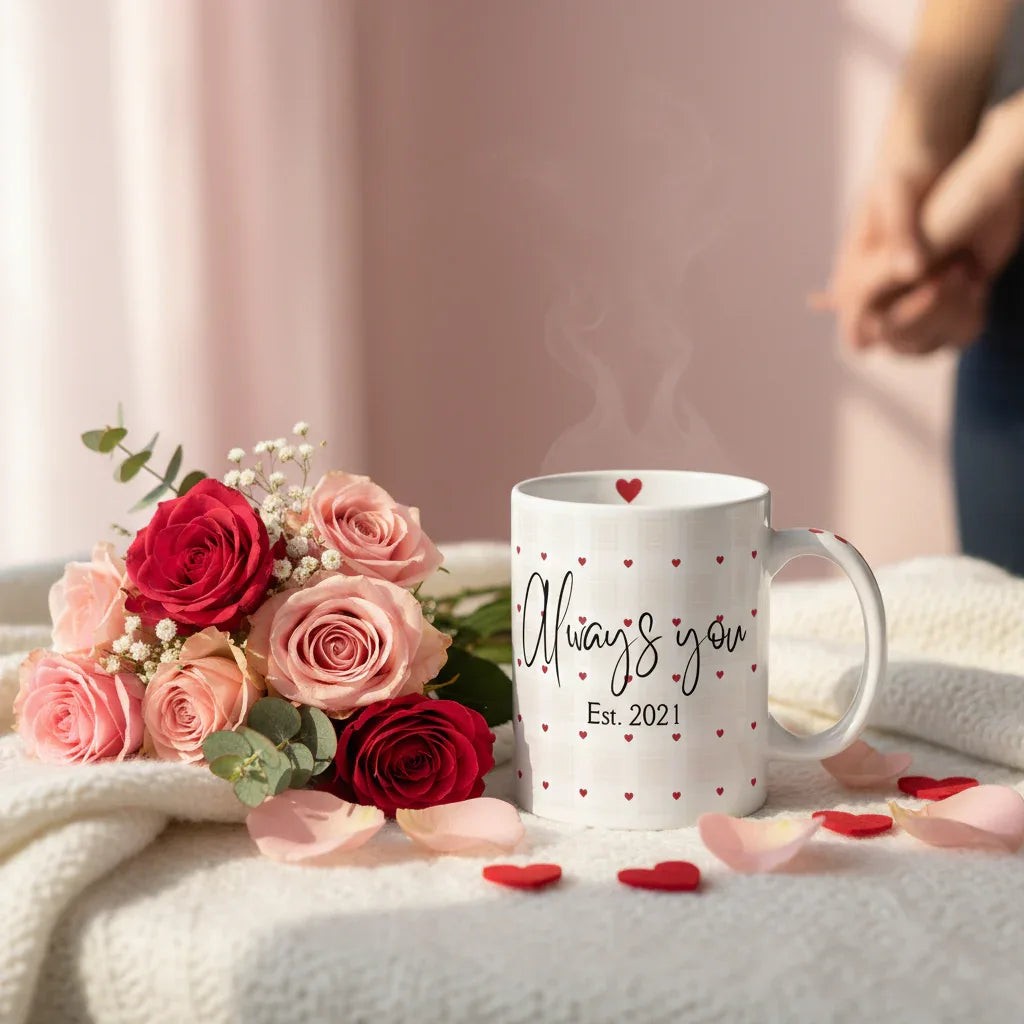 Anniversary mug in white with red hearts, 'Always you' and 'Est. 2021' on front