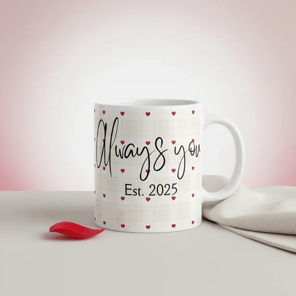 Anniversary mug in white with red hearts, 'Always you' text and 'Est. 2025' print