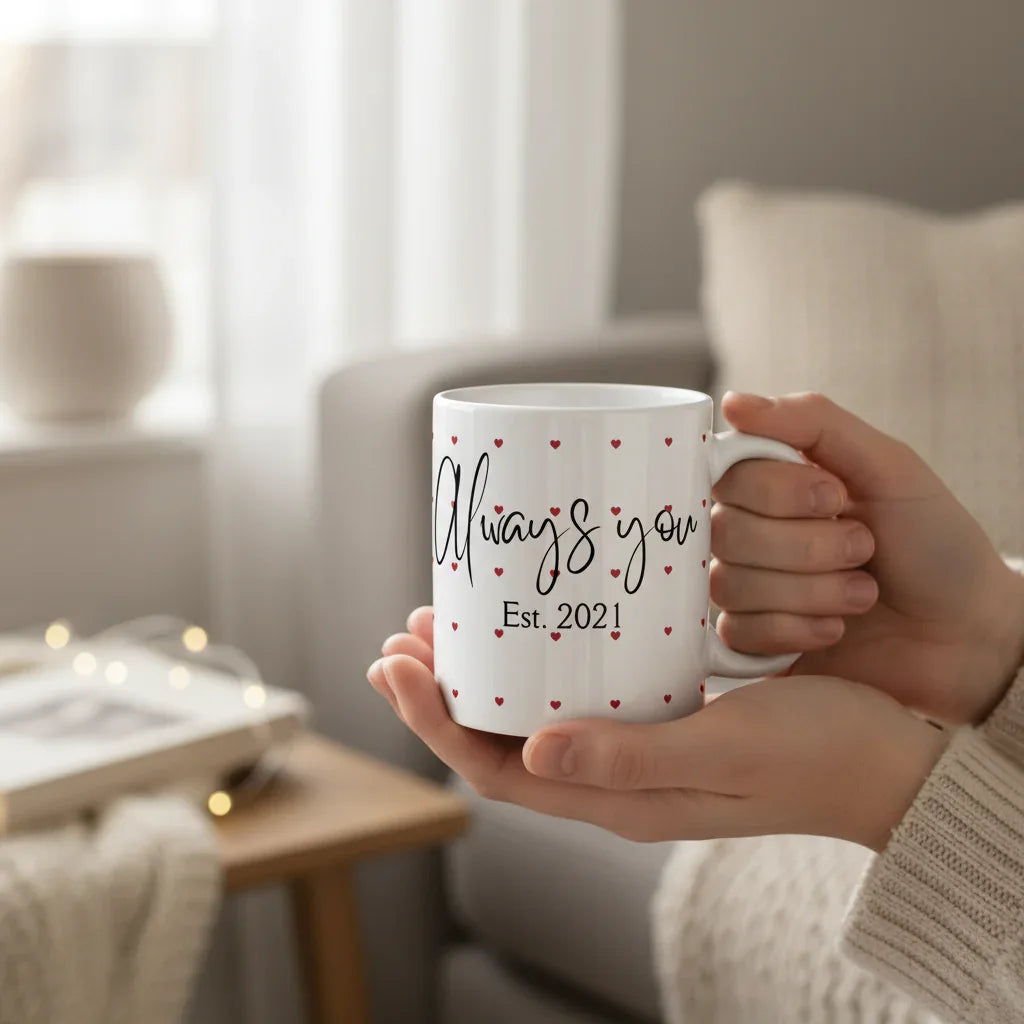 White ceramic mug with red hearts, black cursive design and “Est. 2021”, held in hands.