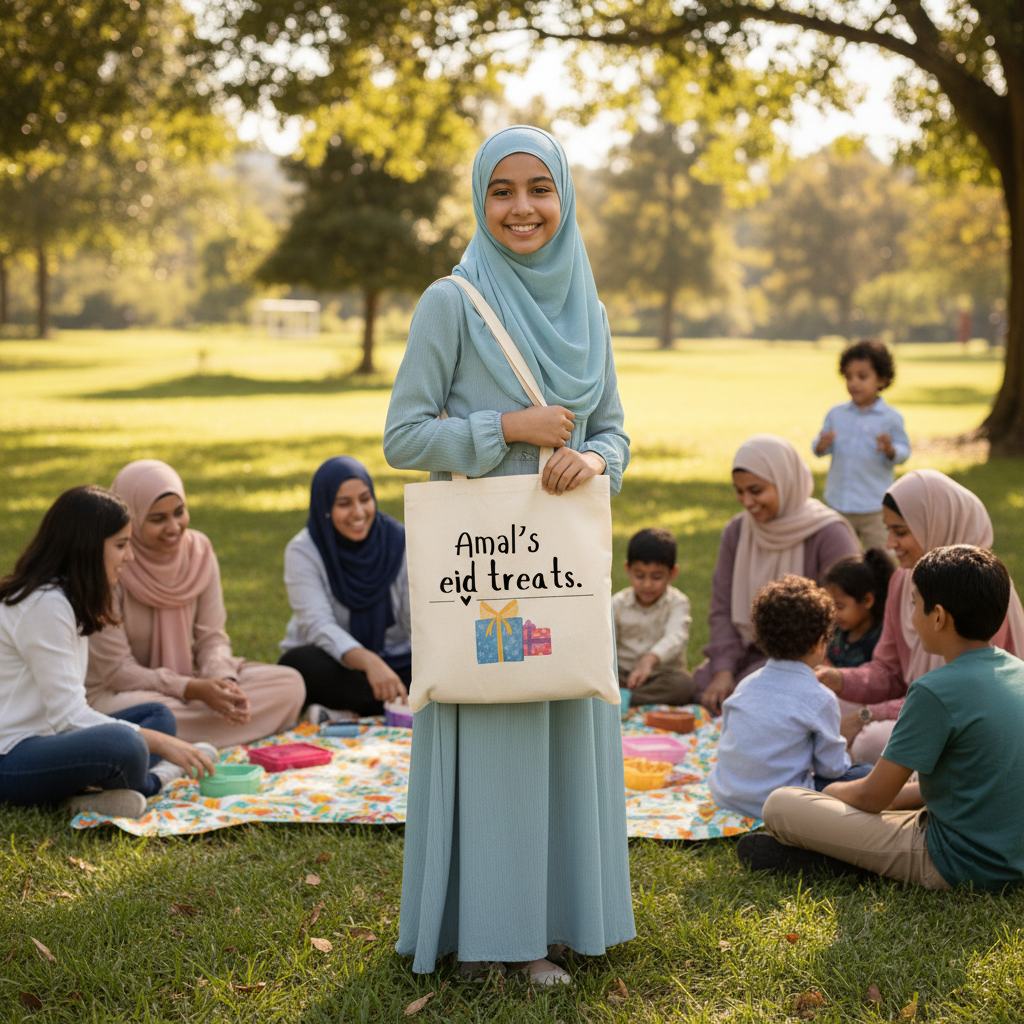 Light blue cotton tote bag with handles and “Amal’s eid treats” print.