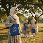Light blue cotton tote bag with handles and “Amal’s eid treats” text and gift icons.