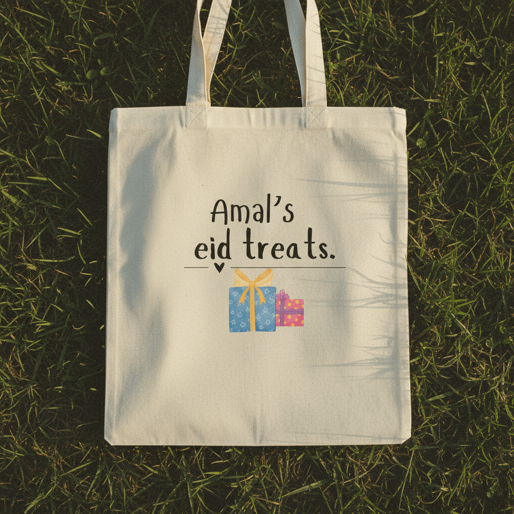 Off-white cotton tote bag with handles and “Amal’s eid treats” text and gift icons.