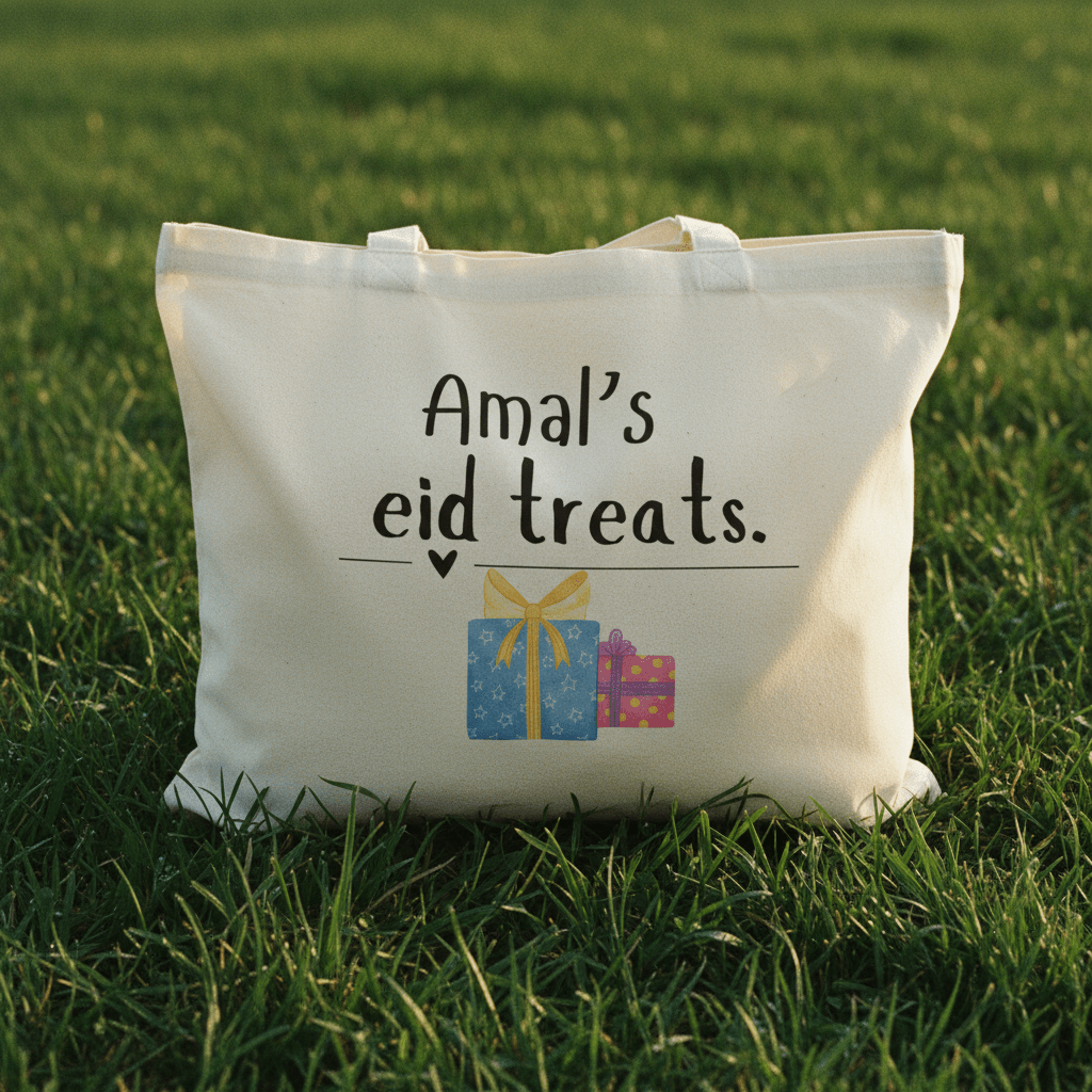White cotton tote bag with “Amal’s eid treats” text and gift icons