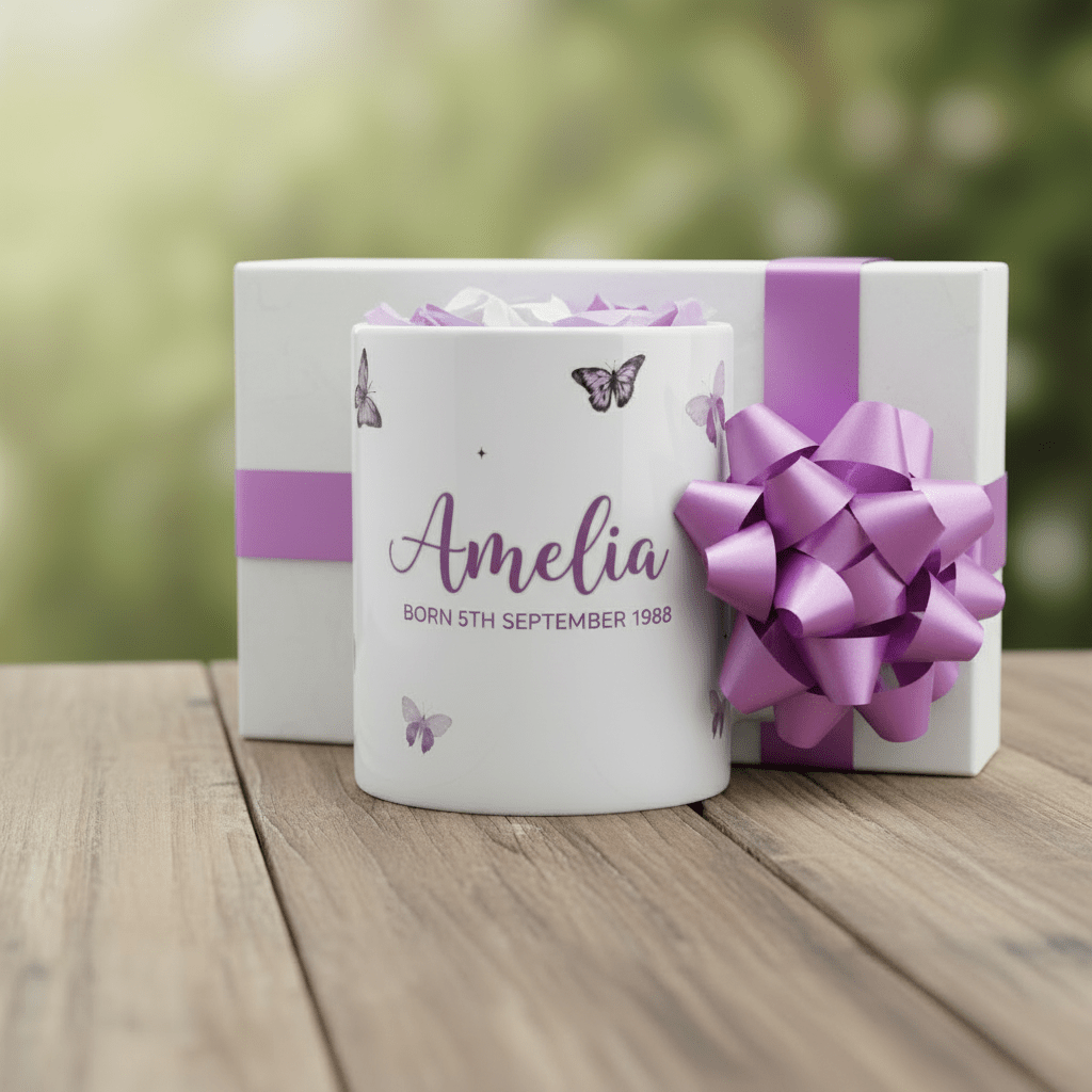 Personalised butterfly mug with name Amelia and birth date text, purple butterflies