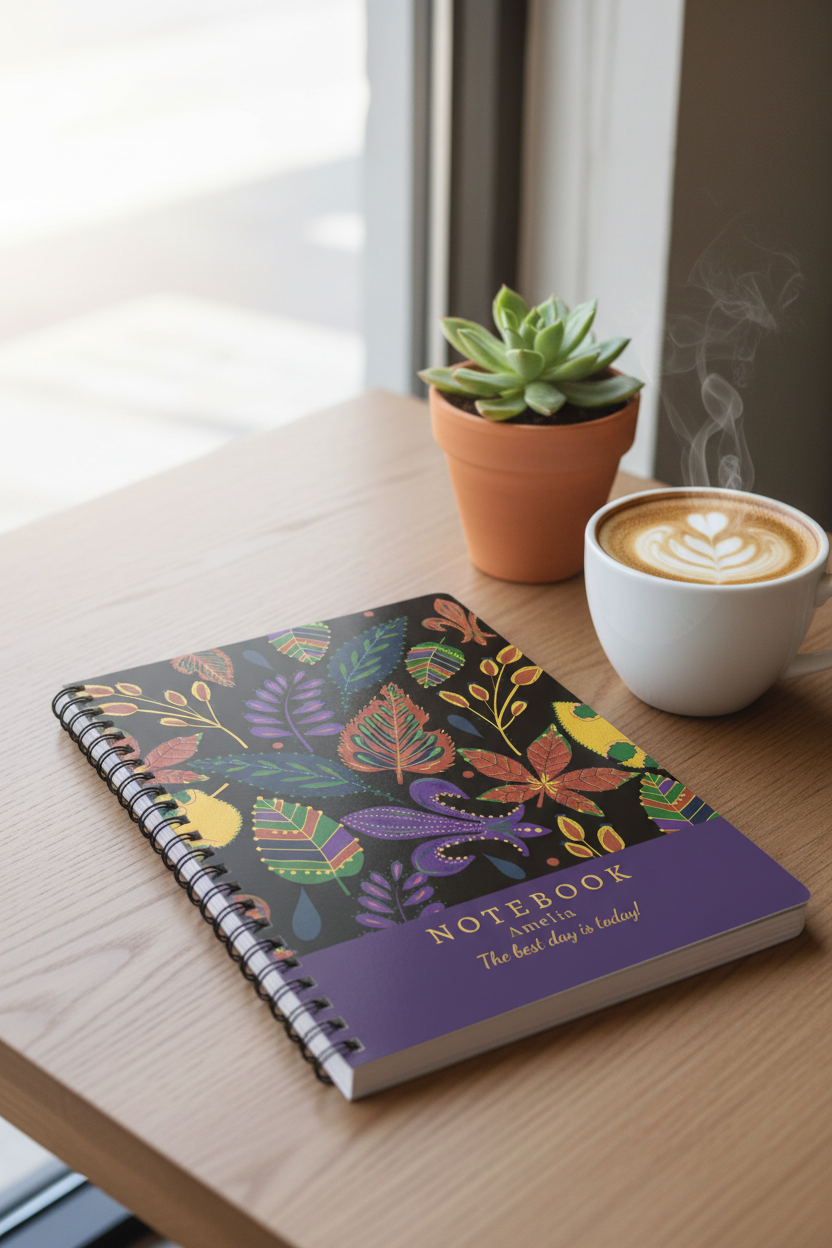 A5 leaf notebook on wooden table with spiral binding, colorful cover, and drink cup
