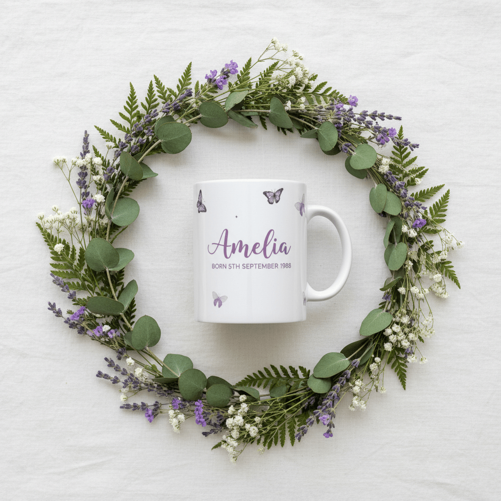 Personalised butterfly mug with purple butterfly icons and Amelia date text, white ceramic