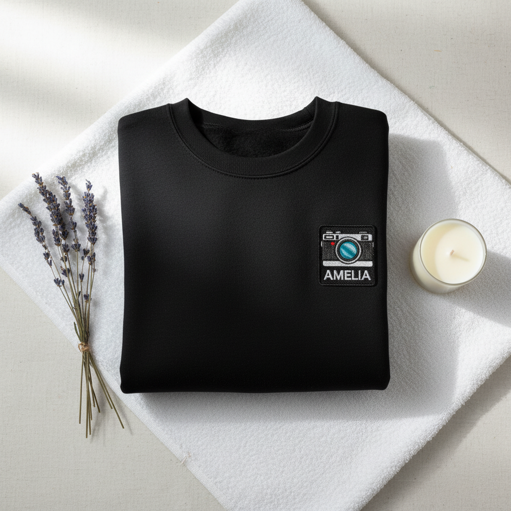 Black sweatshirt with embroidered camera patch and AMELIA name
