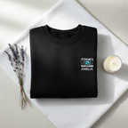 Black sweatshirt with embroidered camera patch and AMELIA name