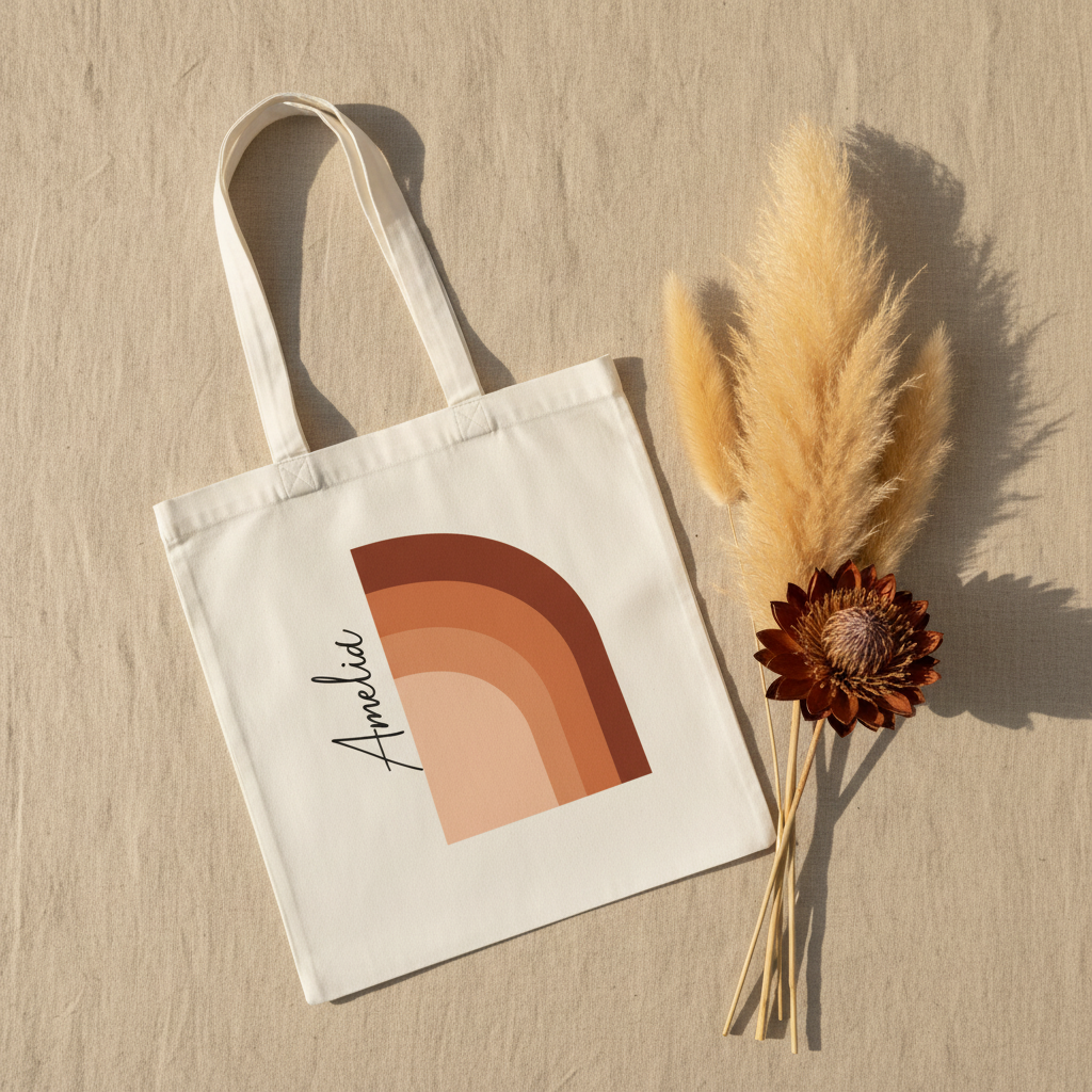 White cotton tote bag with terracotta abstract arch print and black signature on front