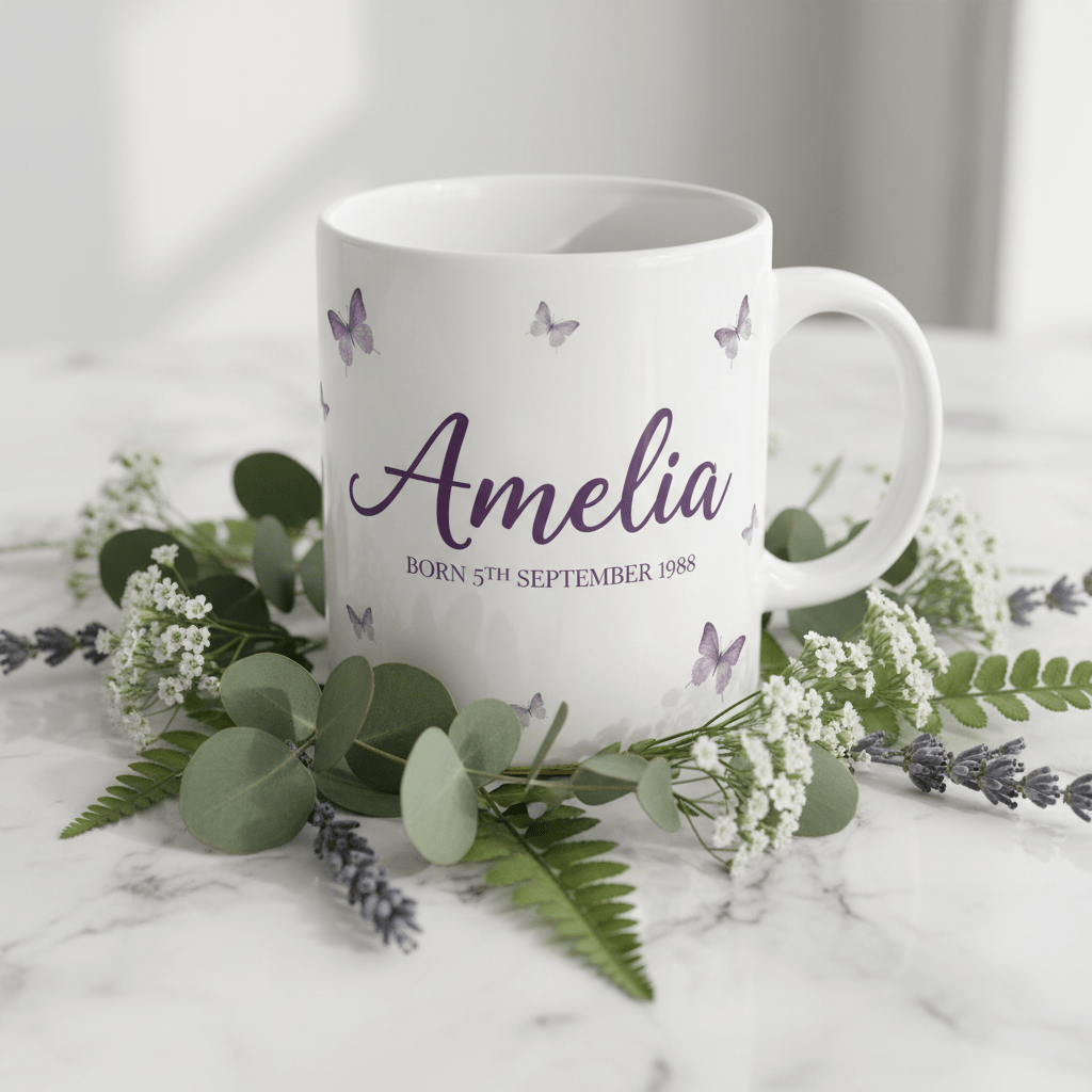 Personalised butterfly mug, white ceramic with purple butterflies and name Amelia on front