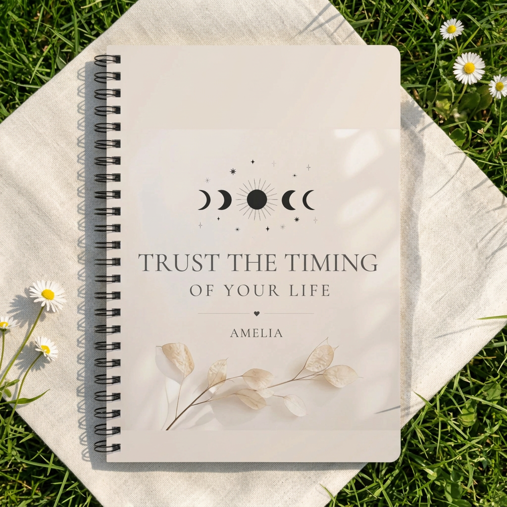 Personalized A5 lined notebook on cloth, beige floral quote cover and spiral binding