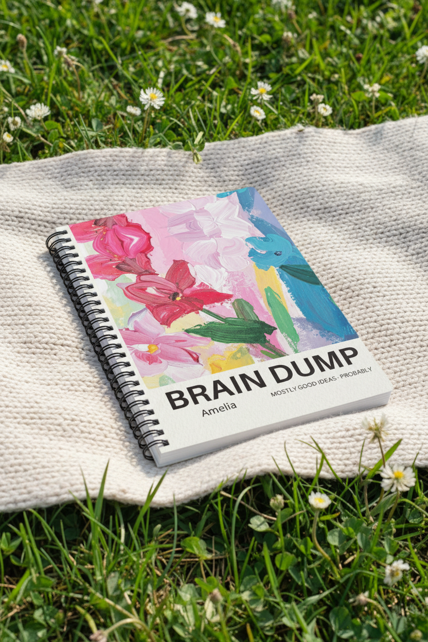 A5 spiral notebook with floral “BRAIN DUMP” cover, shown closed