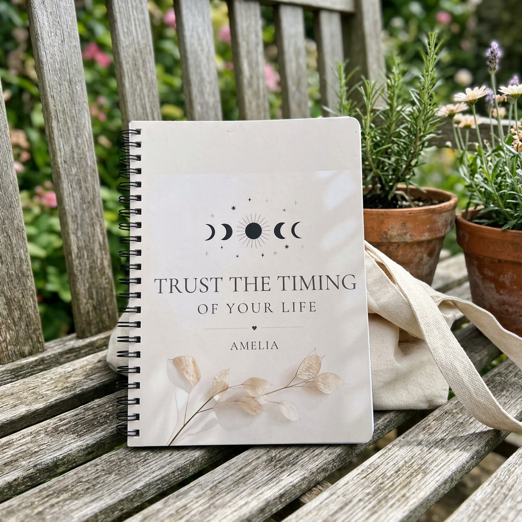 A5 lined notebook with cream cover, moon design, Trust the Timing of Your Life—AMELIA