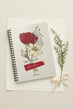 Personalised A5 lined notebook with spiral binding, floral illustration and cream ribbon