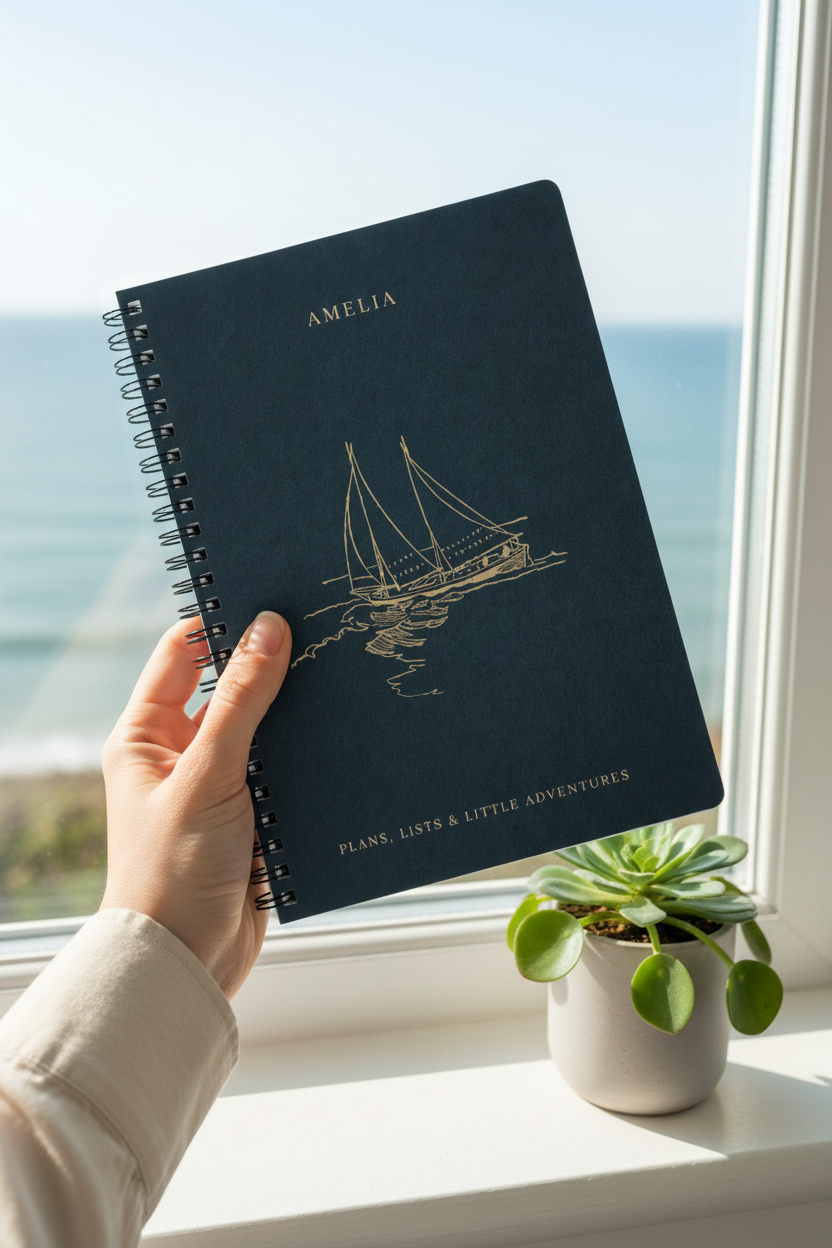 Person holding dark teal A5 spiral notebook with sailboat illustration on cover