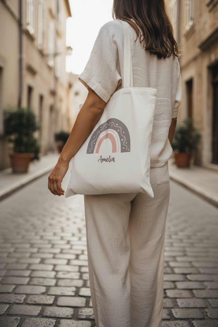 White canvas tote bag with rainbow arch print and name Amelia on front panel