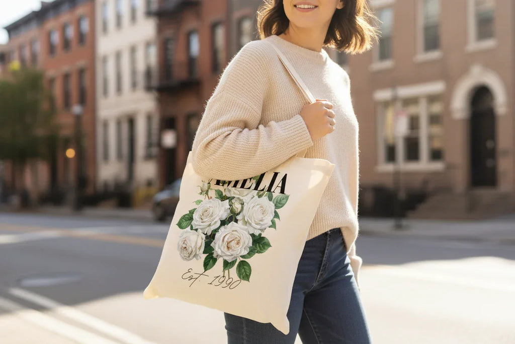 Personalised Floral Tote Bag | Custom Name, Text & Date | Choose Rose Colours | Eco Gift - Alley Crafters