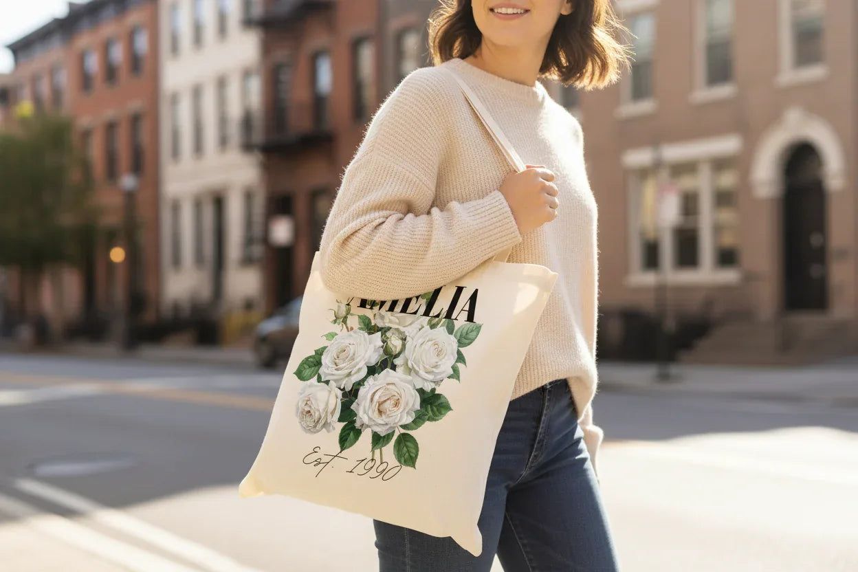Personalised Floral Tote Bag | Custom Name, Text & Date | Choose Rose Colours | Eco Gift - Alley Crafters