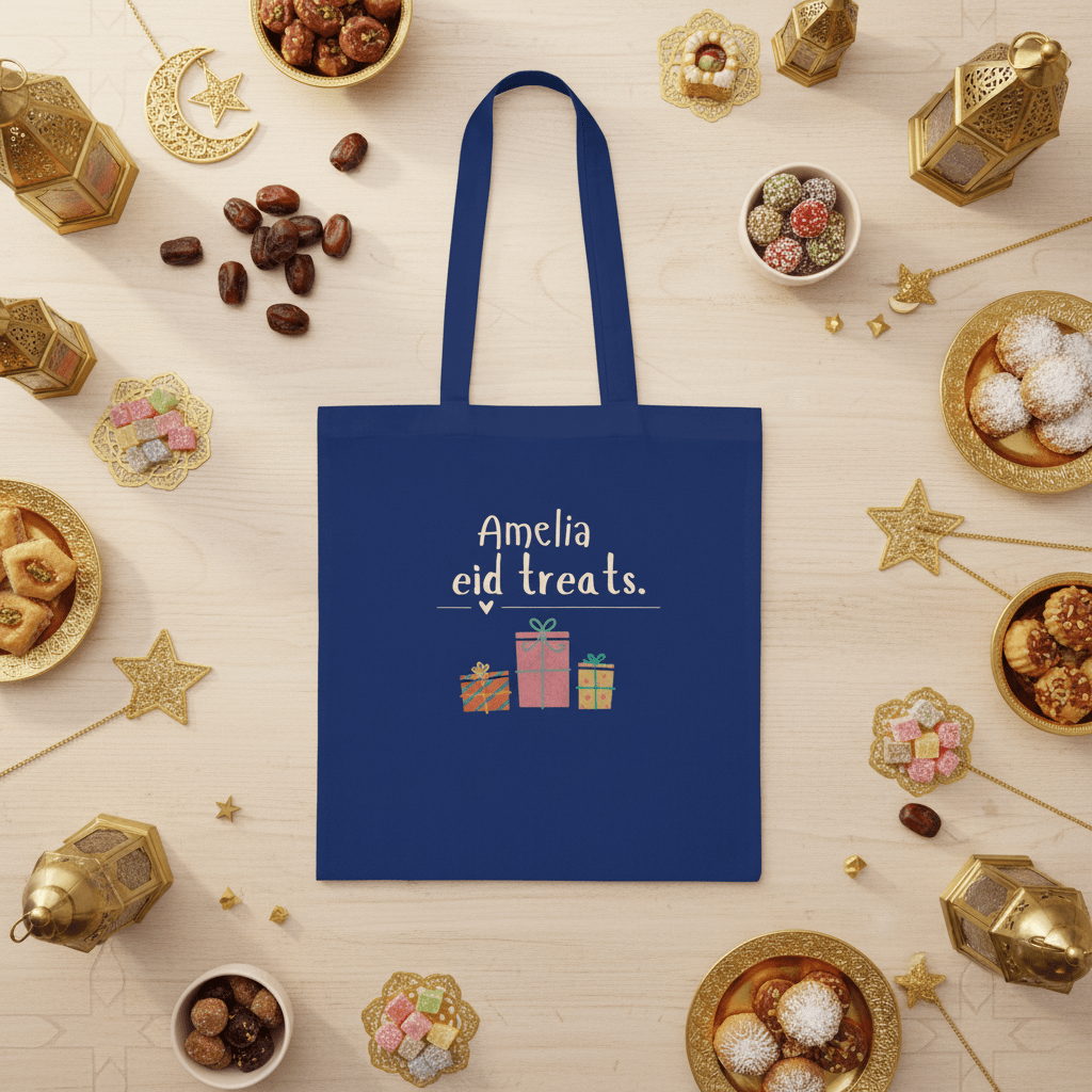 Blue cotton tote bag with “Amelia eid treats” text and gift illustration