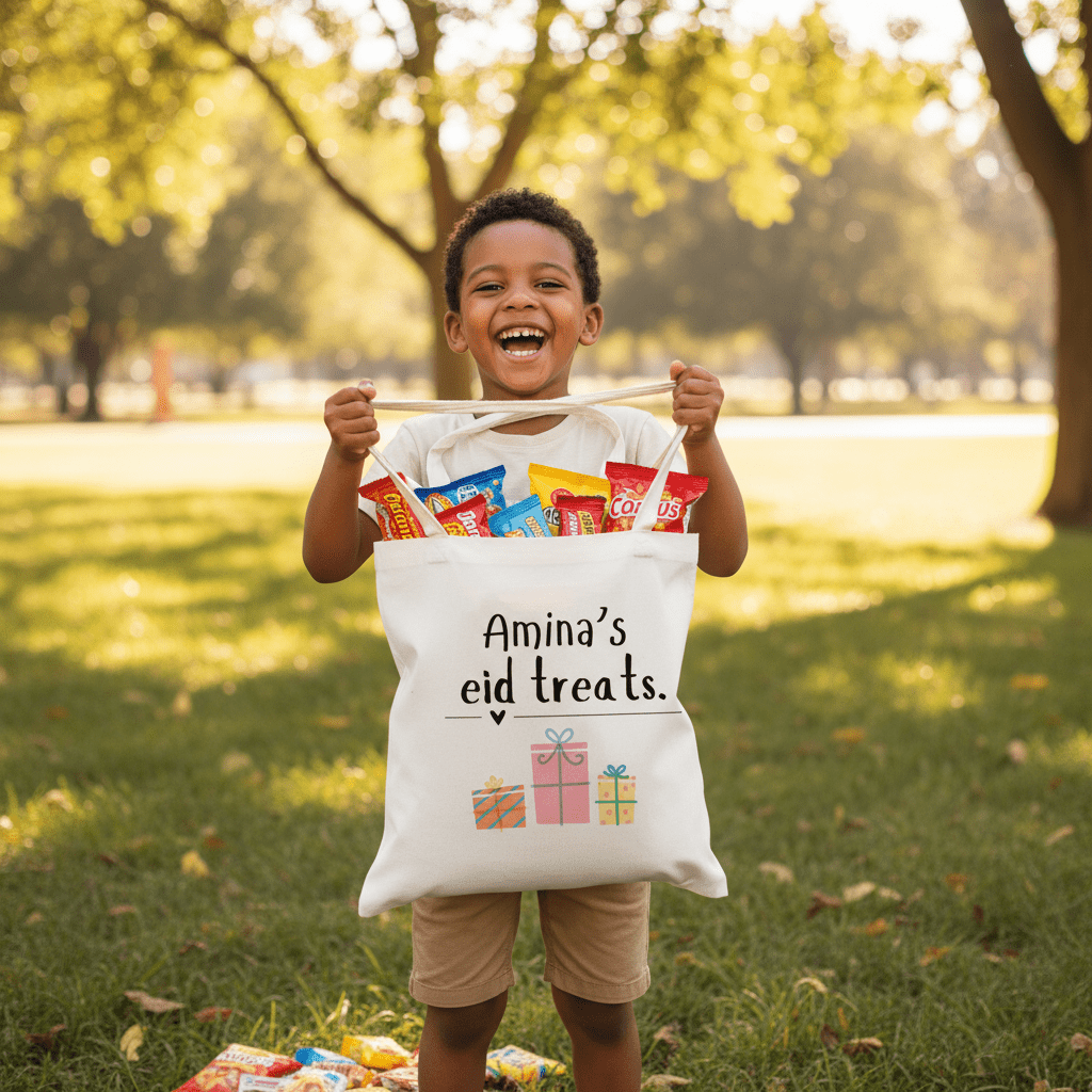 White cotton tote bag with handles filled with snacks and “Amina’s eid treats” print.