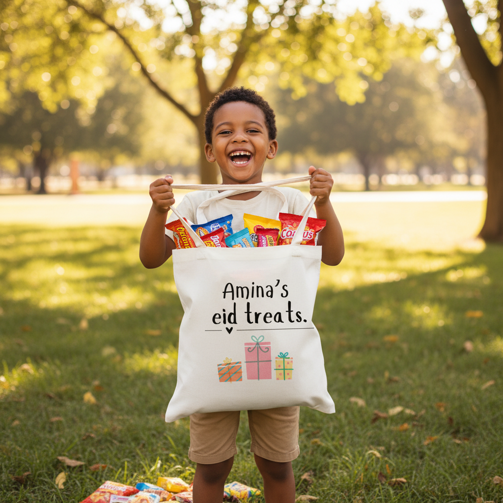 Amina's Eid Treats Tote - White with 10 Year Old & Snacks
