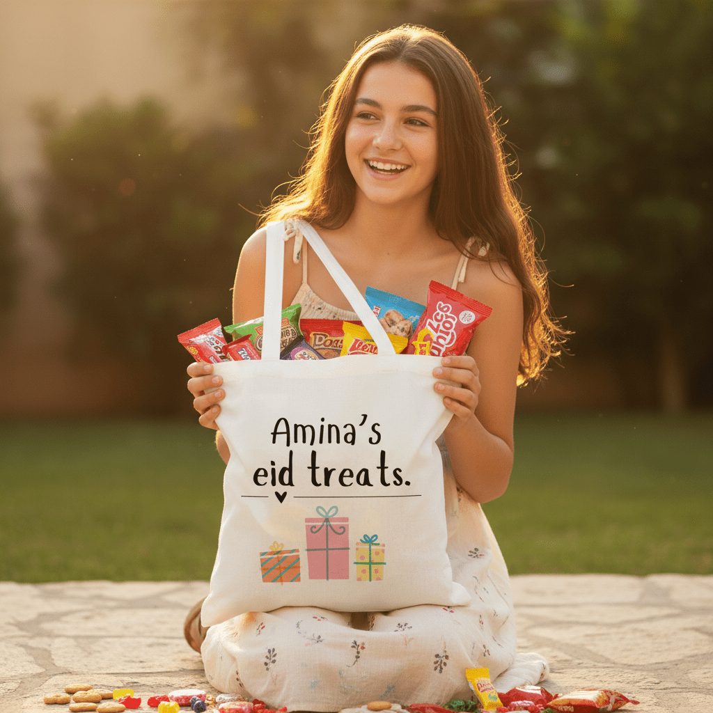 White cotton tote bag with handles and “Amina’s eid treats” text and gift icons.