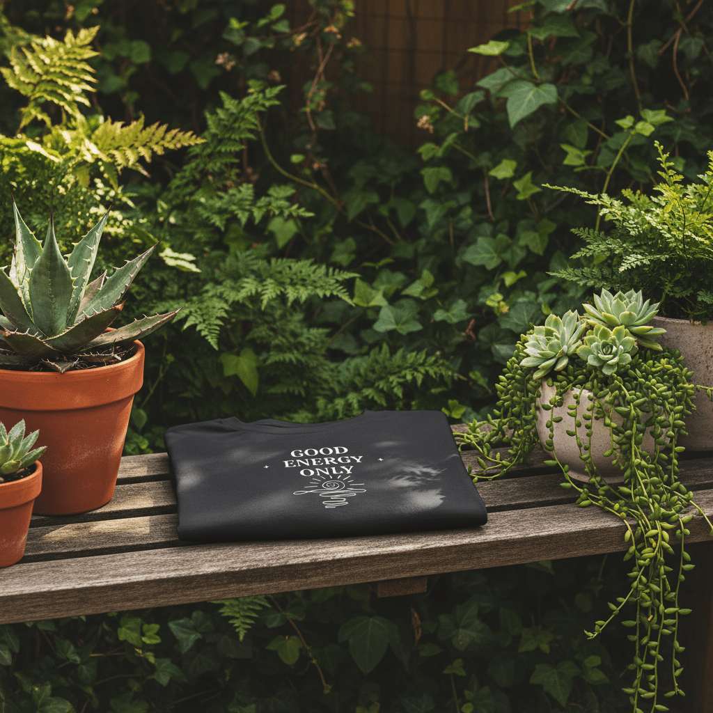 Dark crew-neck T-shirt on a wooden bench with “GOOD ENERGY ONLY” chest graphic