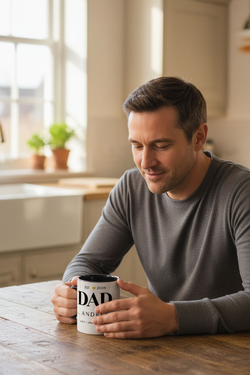 Two-tone dad coffee mug, black rim and handle; “DAD” and “ANDREW” personalization.