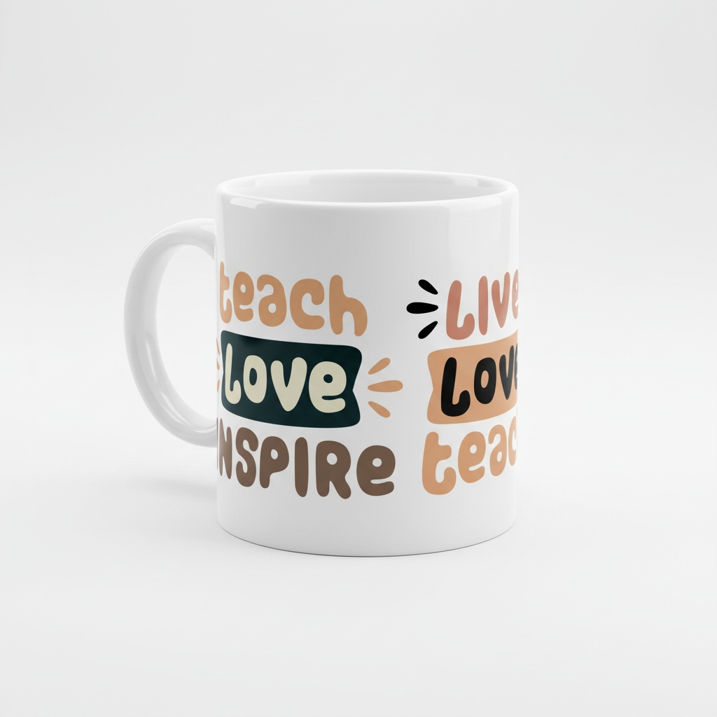 Angled mug showing both teach LOVE inspire and LIVE love teach
