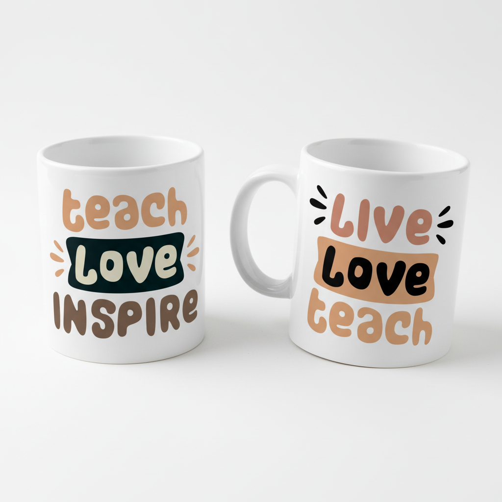 Set of 2 white teacher coffee mugs, one "teach love inspire" and one "live love teach"