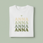 White name stack T-shirt with ANNA text graphic in stacked rows