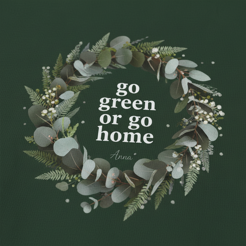 Forest green unisex T-shirt with “go green or go home” wreath graphic