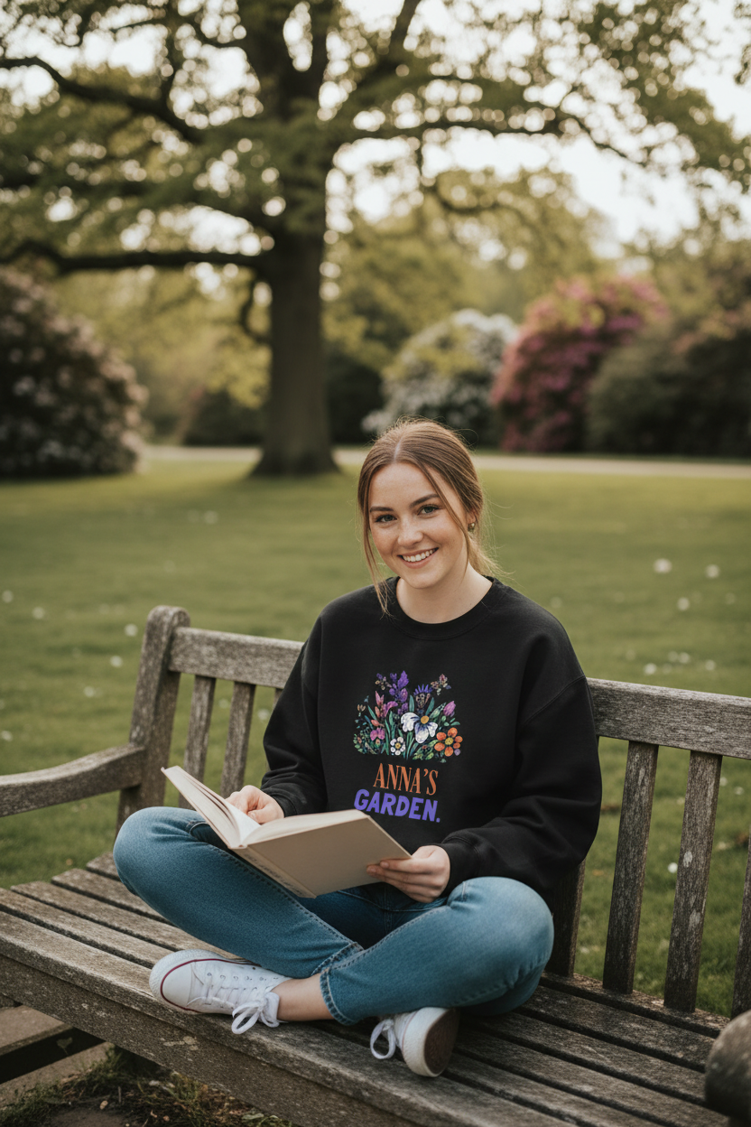 Black crewneck sweatshirt with floral “Anny's Garden” name print on front
